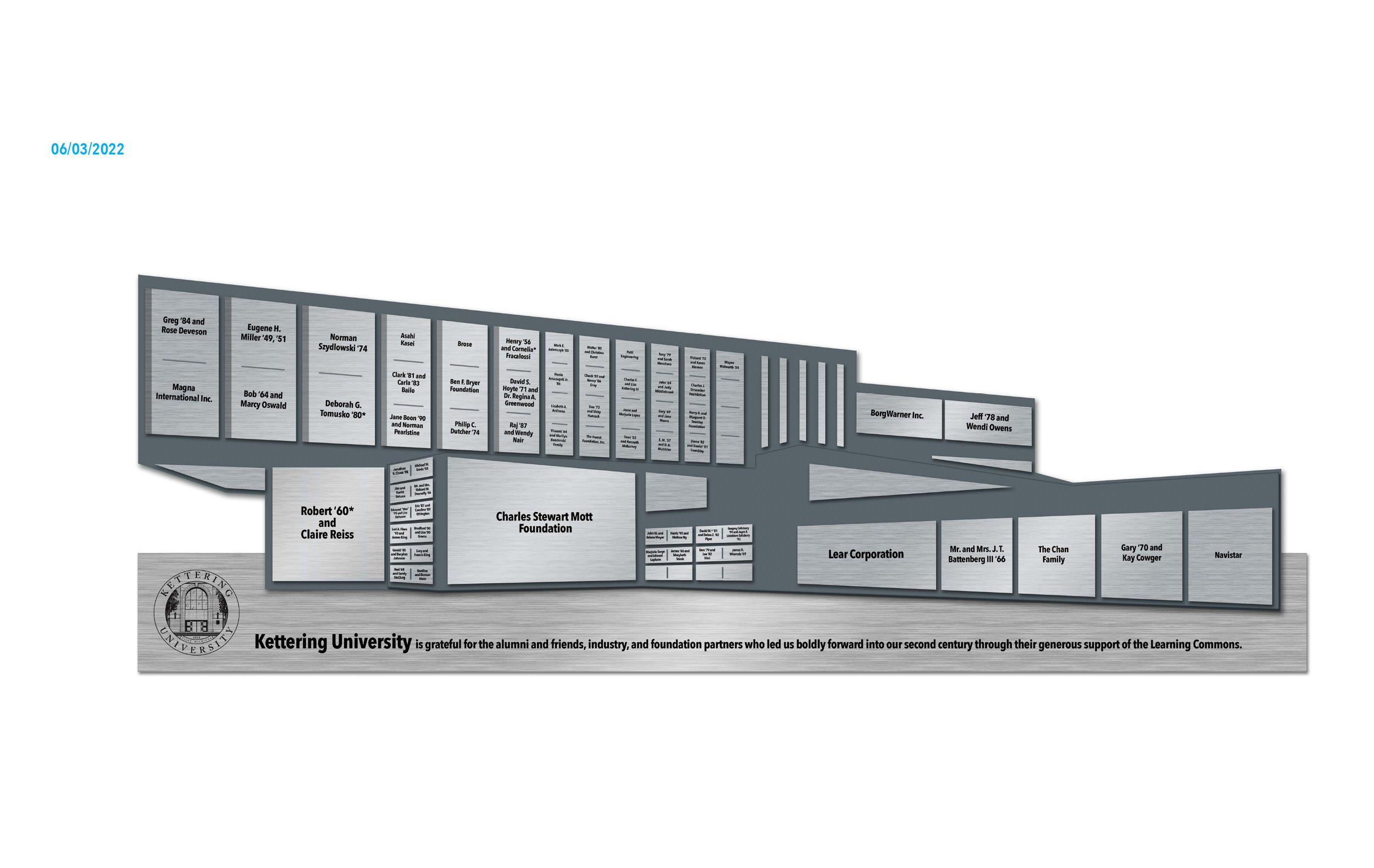 A design concept for the multi-dimensional donor wall, designed to look like the Learning Commons building itself.