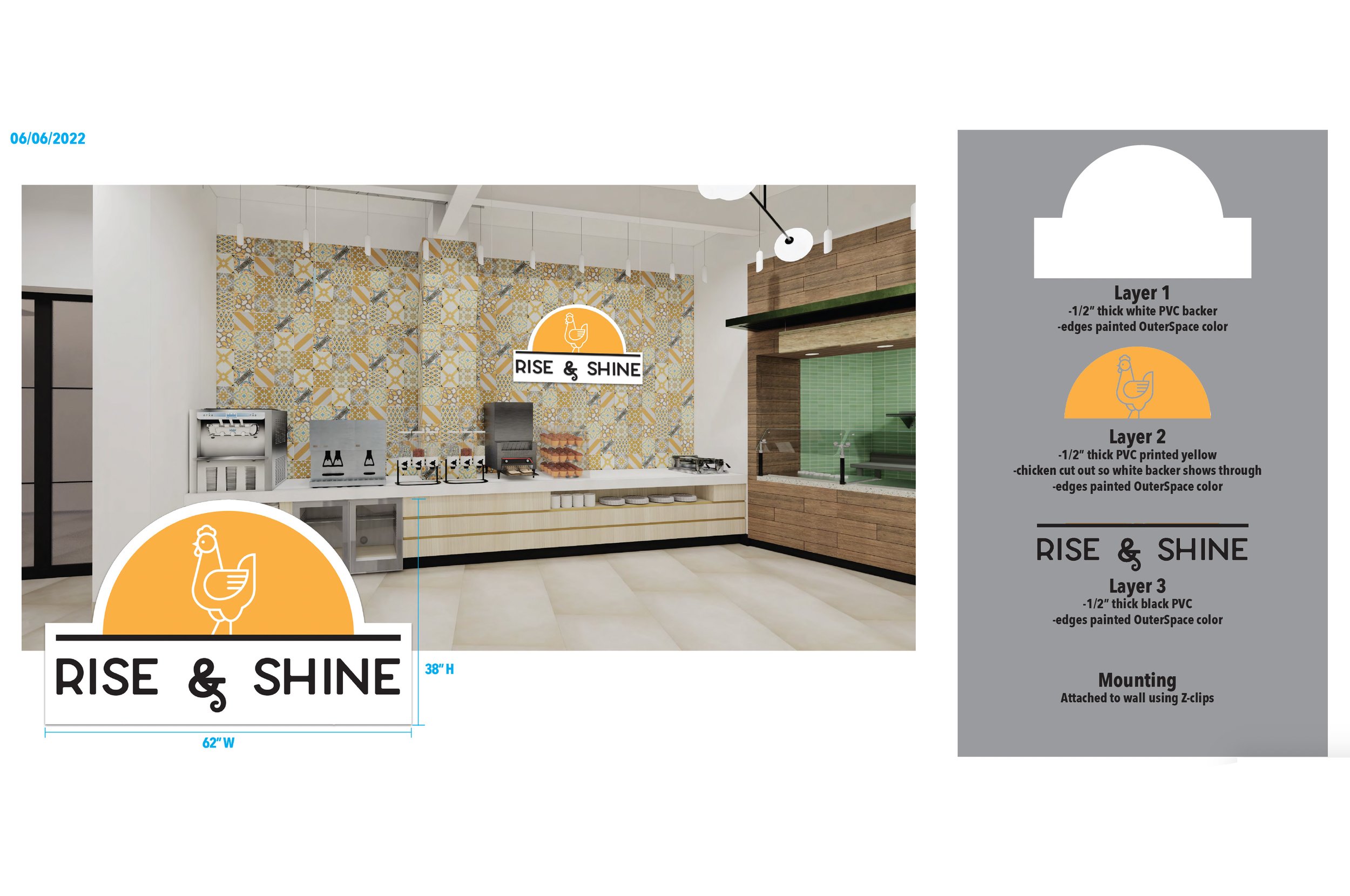 Signage mockup and breakdown for the Rise & Shine food counters.