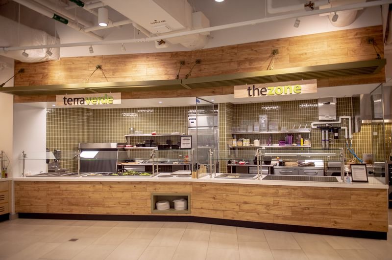 Final installation photo of the Terra Verde and The Zone food counters.
