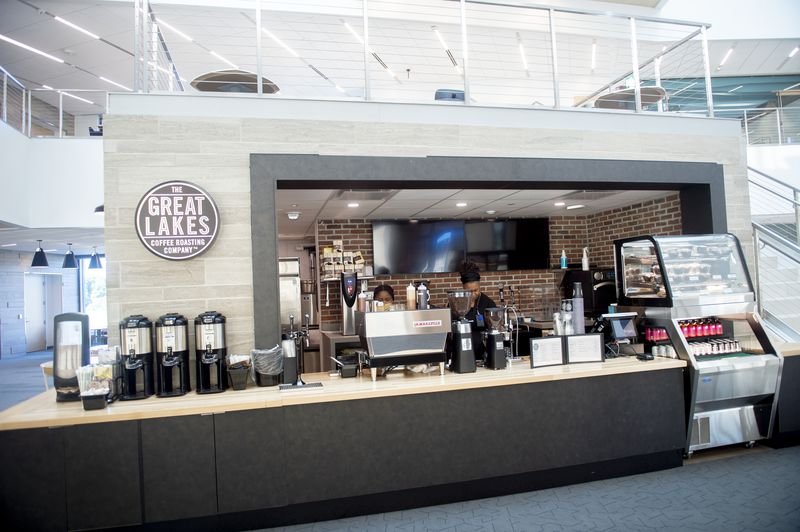 Final installation photo of the Great Lakes Coffee illuminated logo.