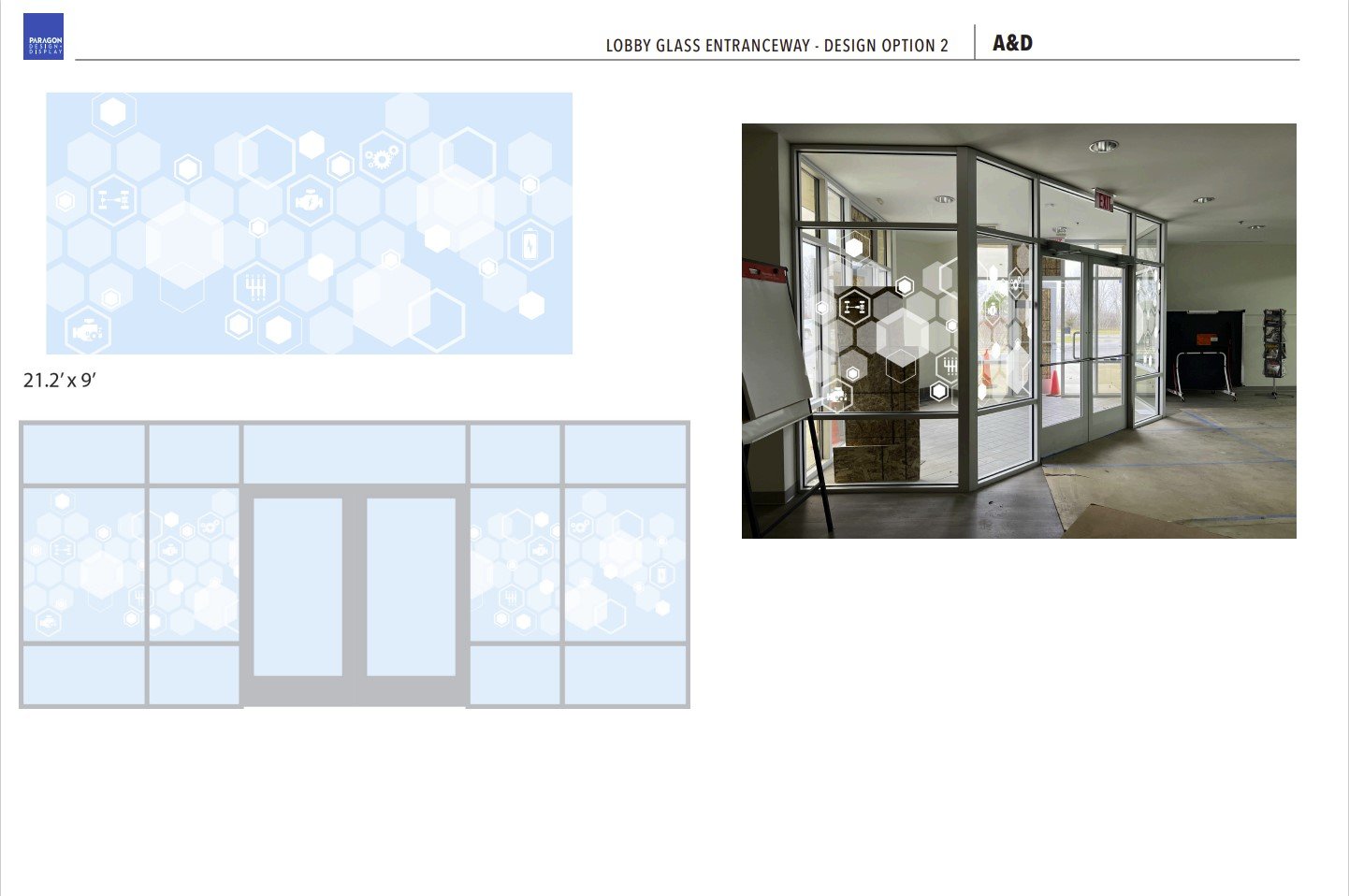 Another early design concept for the lobby glass graphics.