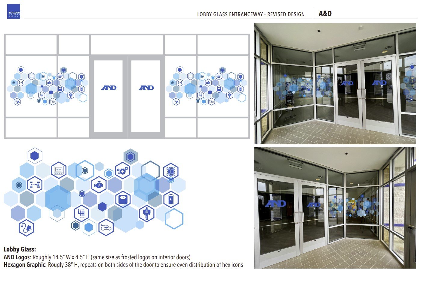 Final design and mockups for the lobby glass graphics.
