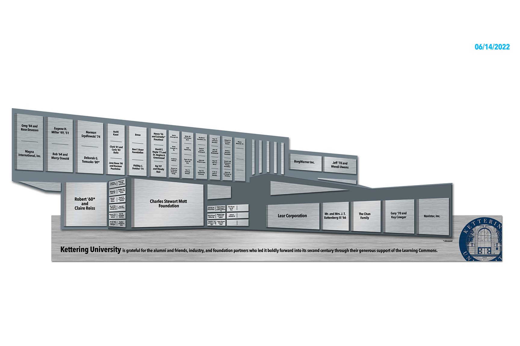 Another design concept for the multi-dimensional donor wall, designed to look like the Learning Commons building itself.