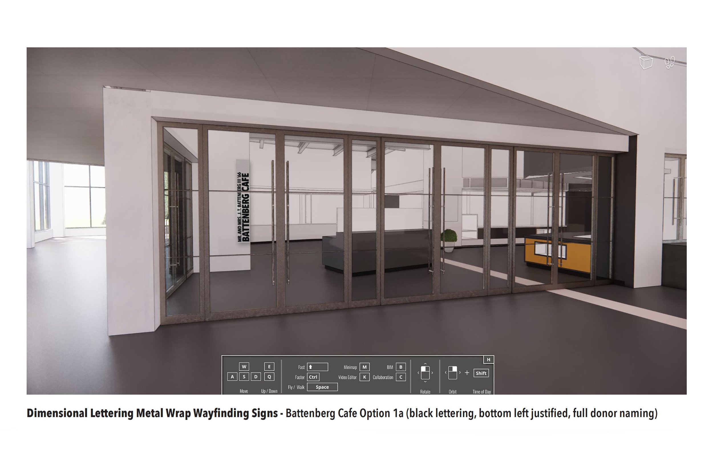 Another mockup of an early design idea for the wrapped metal wayfinding signs.