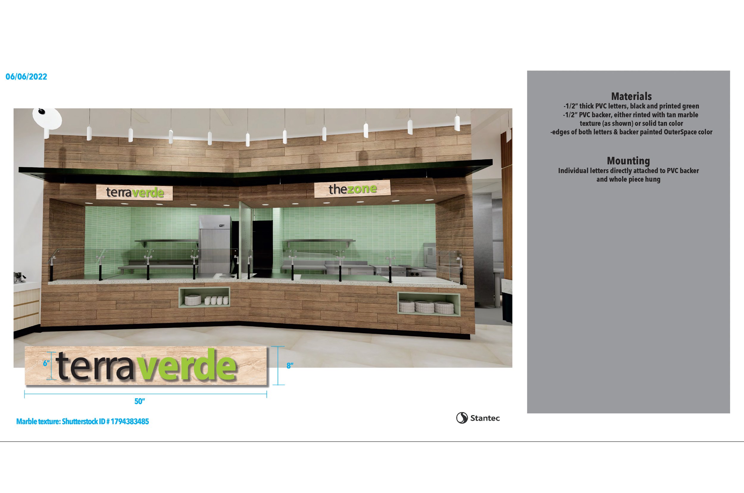Signage mockups and breakdowns for the Terra Verde and The Zone food counters.