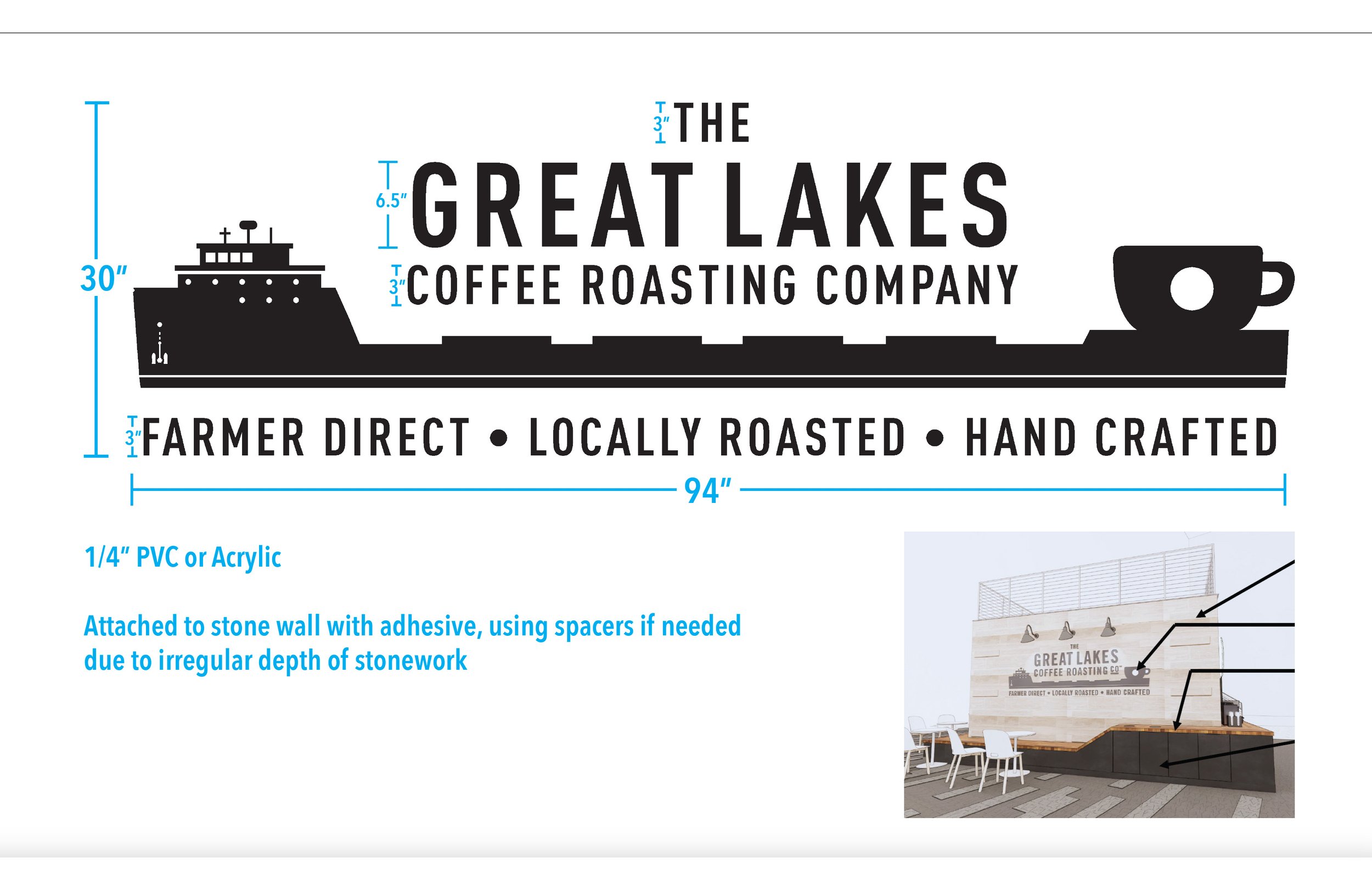 Signage breakdown and mockup of the Great Lakes Coffee mug ship dimensional sign.
