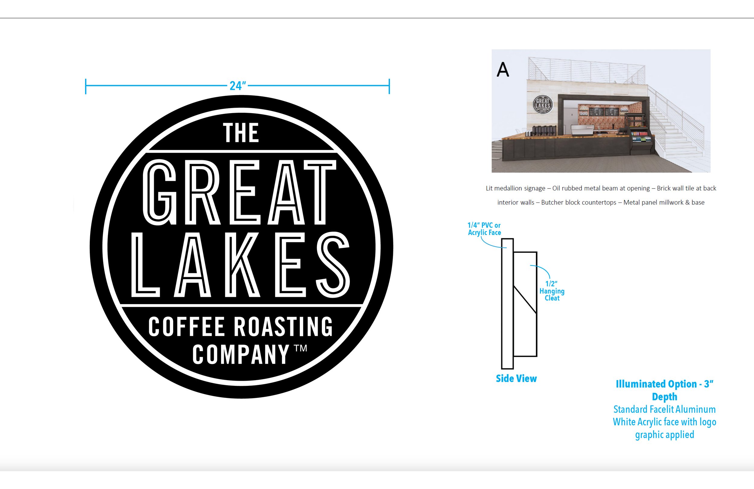 Signage breakdown and mockup of the Great Lakes Coffee illuminated logo.