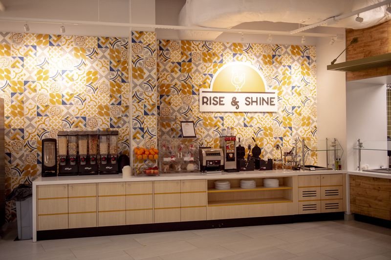 Final installation photo of the Rise & Shine food counters.