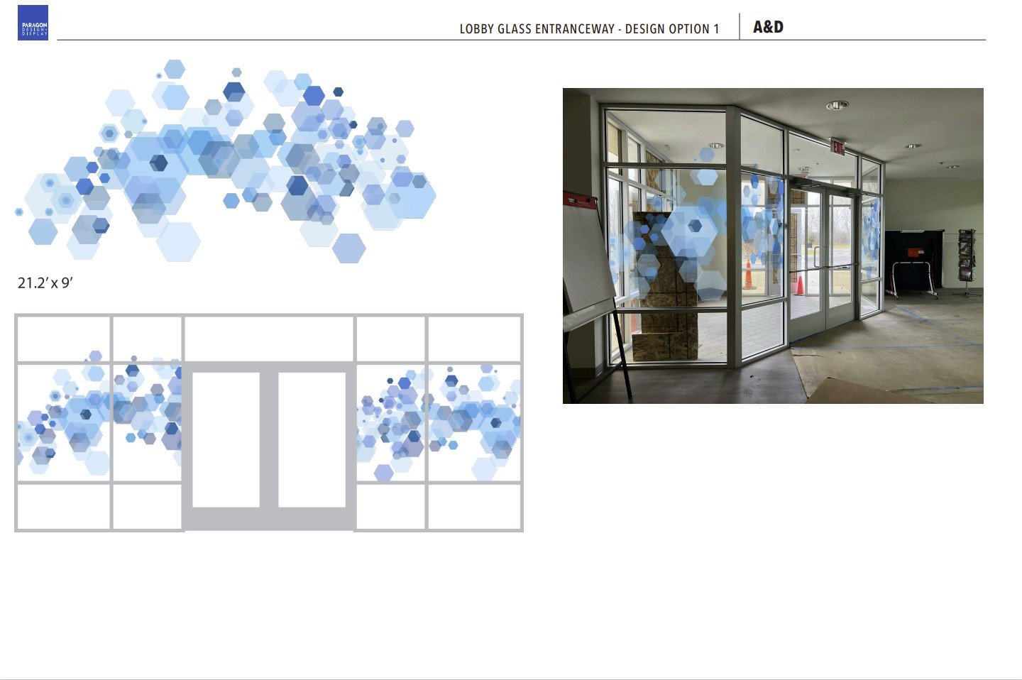 An early design concept for the lobby glass graphics.