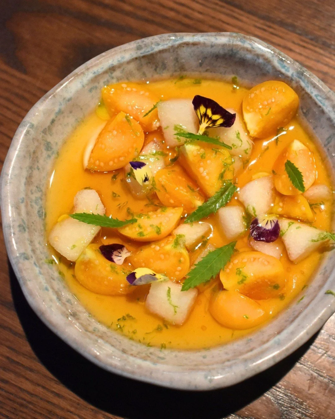 Your tastebuds will be dancing &mdash; and thanking us later 💃🍑 Peach custard meets buckwheat tea&ndash;infused steamed custard with ginger maple, Asian pear, gooseberries, lime zest, and Peruvian mint.