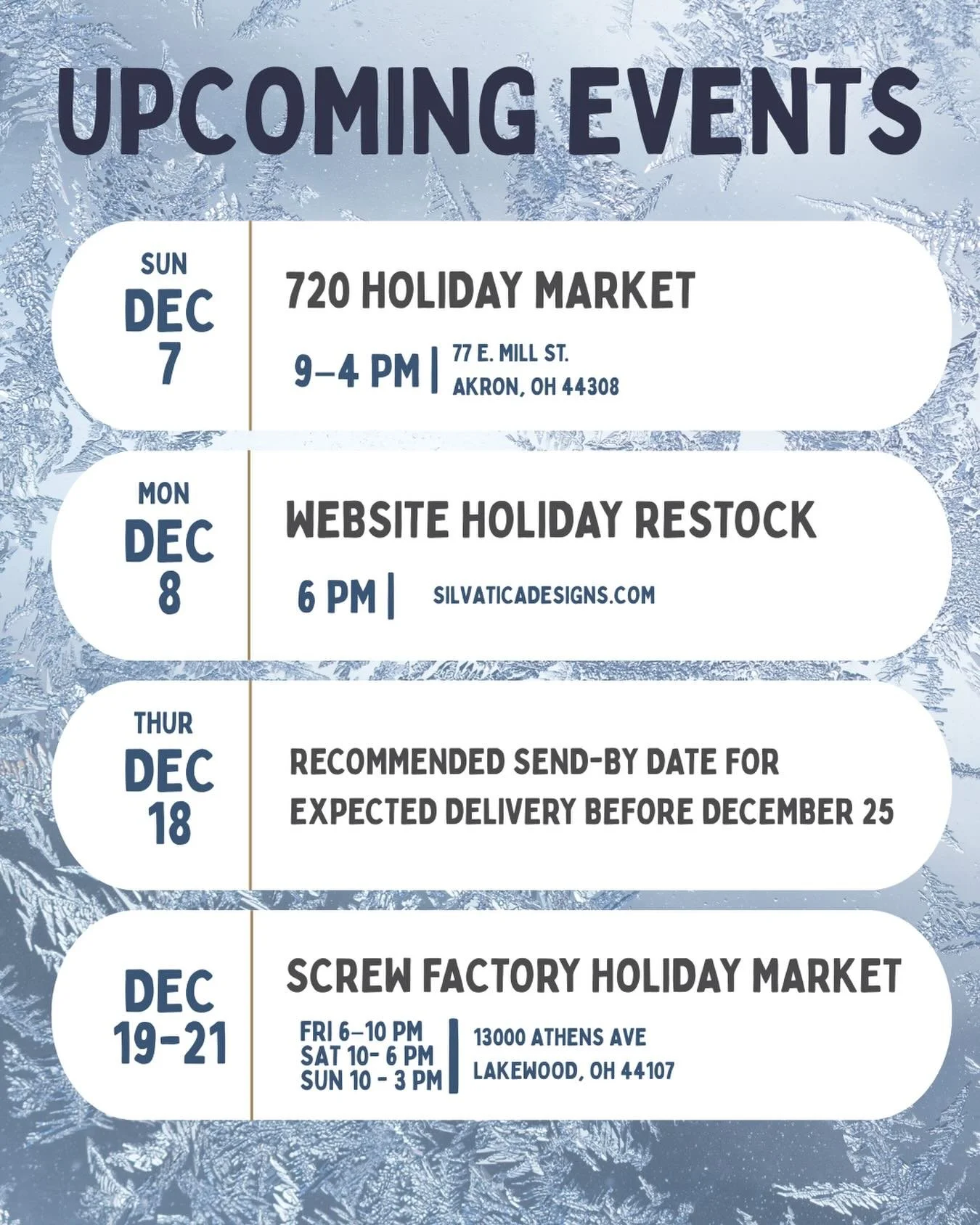Holiday market season is HERE! 🎁✨
Catch me at these upcoming events + online for a festive restock. Come shop handmade, say hi, and snag your holiday gifts early! ❄️

#silvaticadesigns #clevelandholidaymarket #720market #screwfactoryartists #shopsma