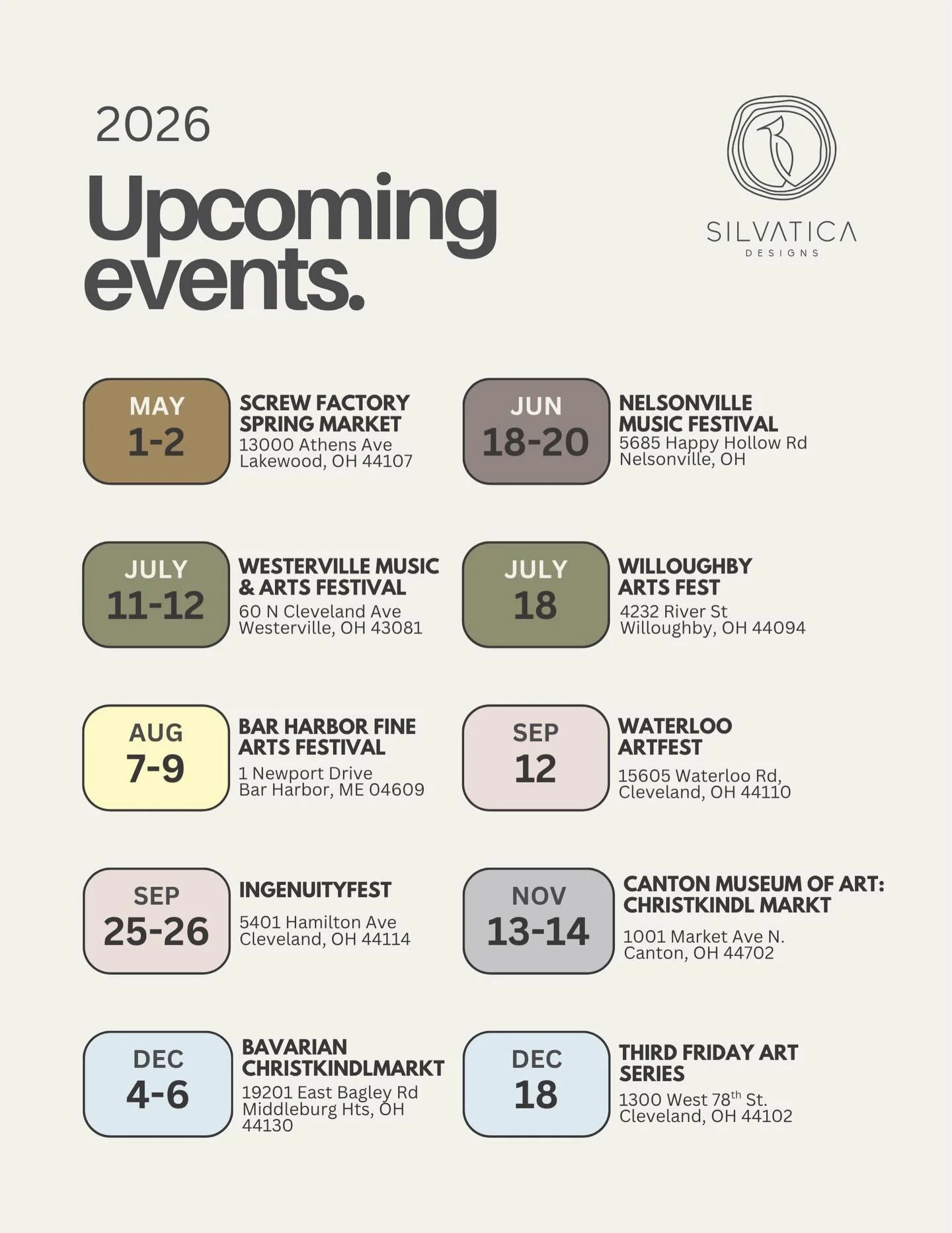 Check out my website for individual event information! Additional shows may be added upon acceptance ☀️

#silvaticadesigns