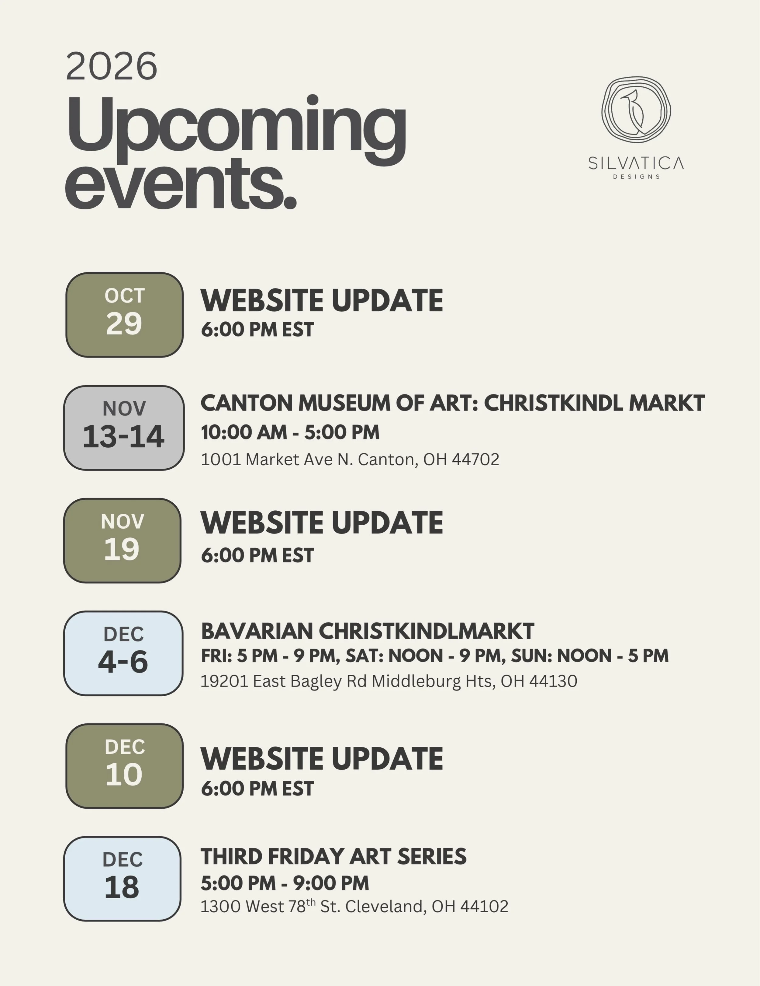 Can&rsquo;t believe we are already in the final stretch of 2026! 📆✨

Here is exactly where you can find me, or you can catch the upcoming website drops from the comfort of home:

🖥️ Website Updates (6:00 PM EST)
* Oct 29
* Nov 19
* Dec 10

🎪 In-Pe