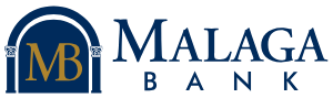 Malaga Bank logo with blue background and gold and blue text