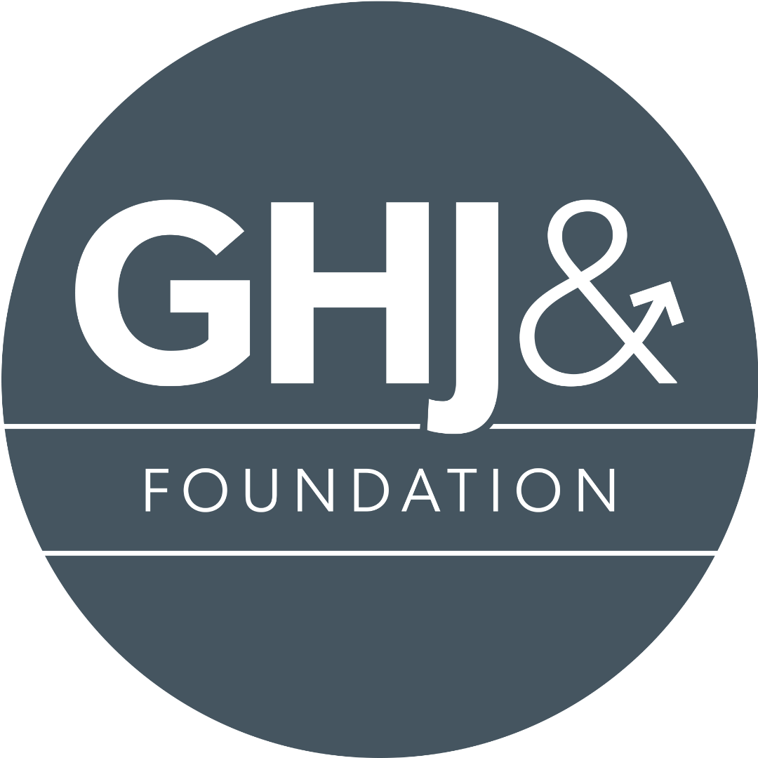 GHJ&J Foundation logo with a dark gray circle background, black text, and a stylized ampersand.