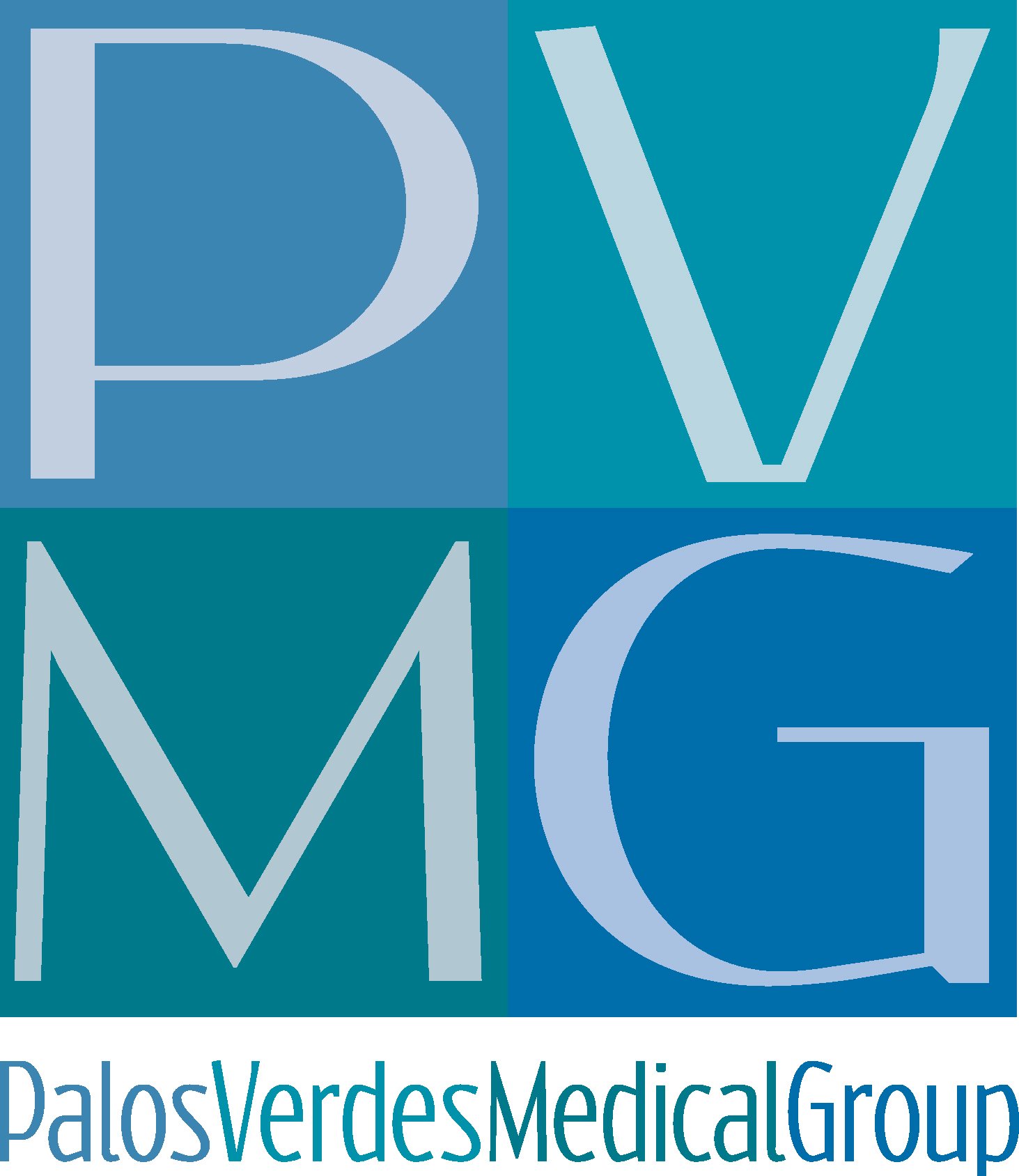 Logo of Palos Verdes Medical Group with the initials PVMC in four square sections, each in different shades of blue, with the full group name below.