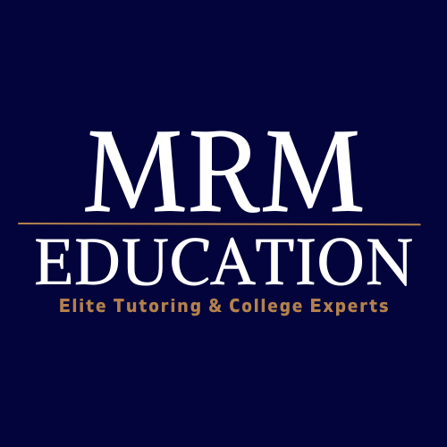 MRM Education logo with dark blue background, white text 'MRM EDUCATION', and gold text 'Elite Tutoring & College Experts'