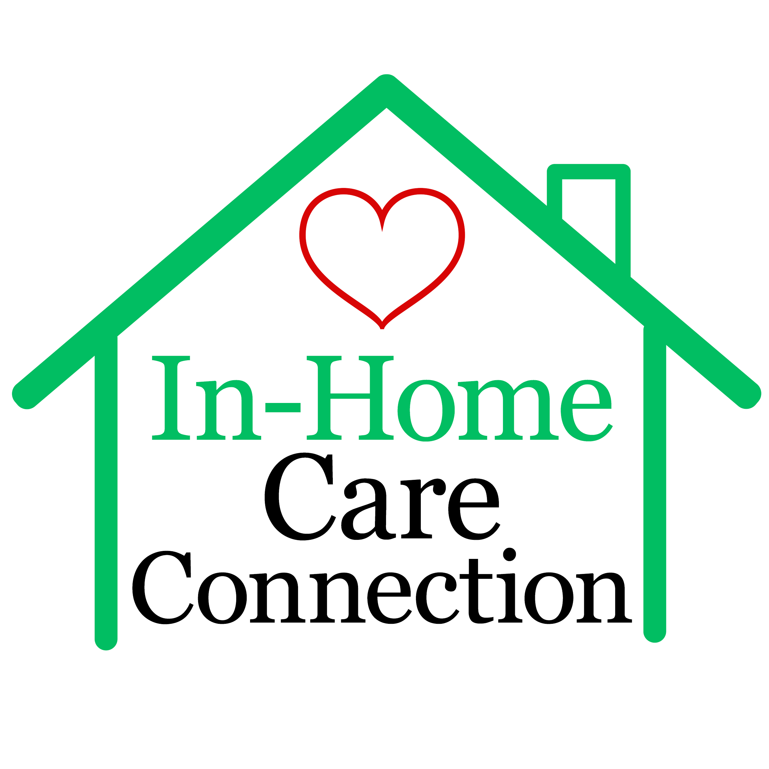 A logo with a green house outline, a red heart above the text, and the words 'In-Home Care Connection' inside the house, with 'In-Home' in green and the other words in black.