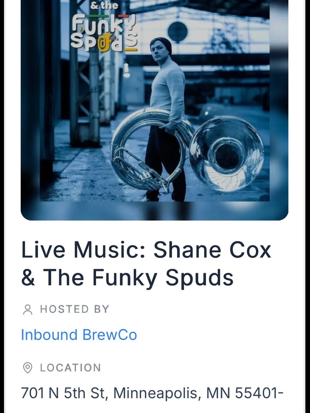 @inboundbrewco is having Shane Cox &amp; the Funky Spuds on Friday. Come hang out Minneapolis friends.