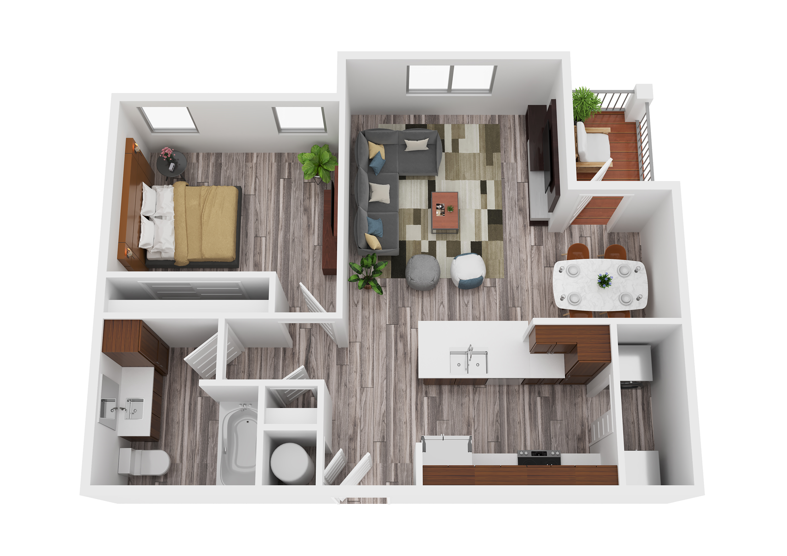 3D floor plan of a one-bedroom apartment with a living room, kitchen, dining area, bedroom, bathroom, and balcony.
