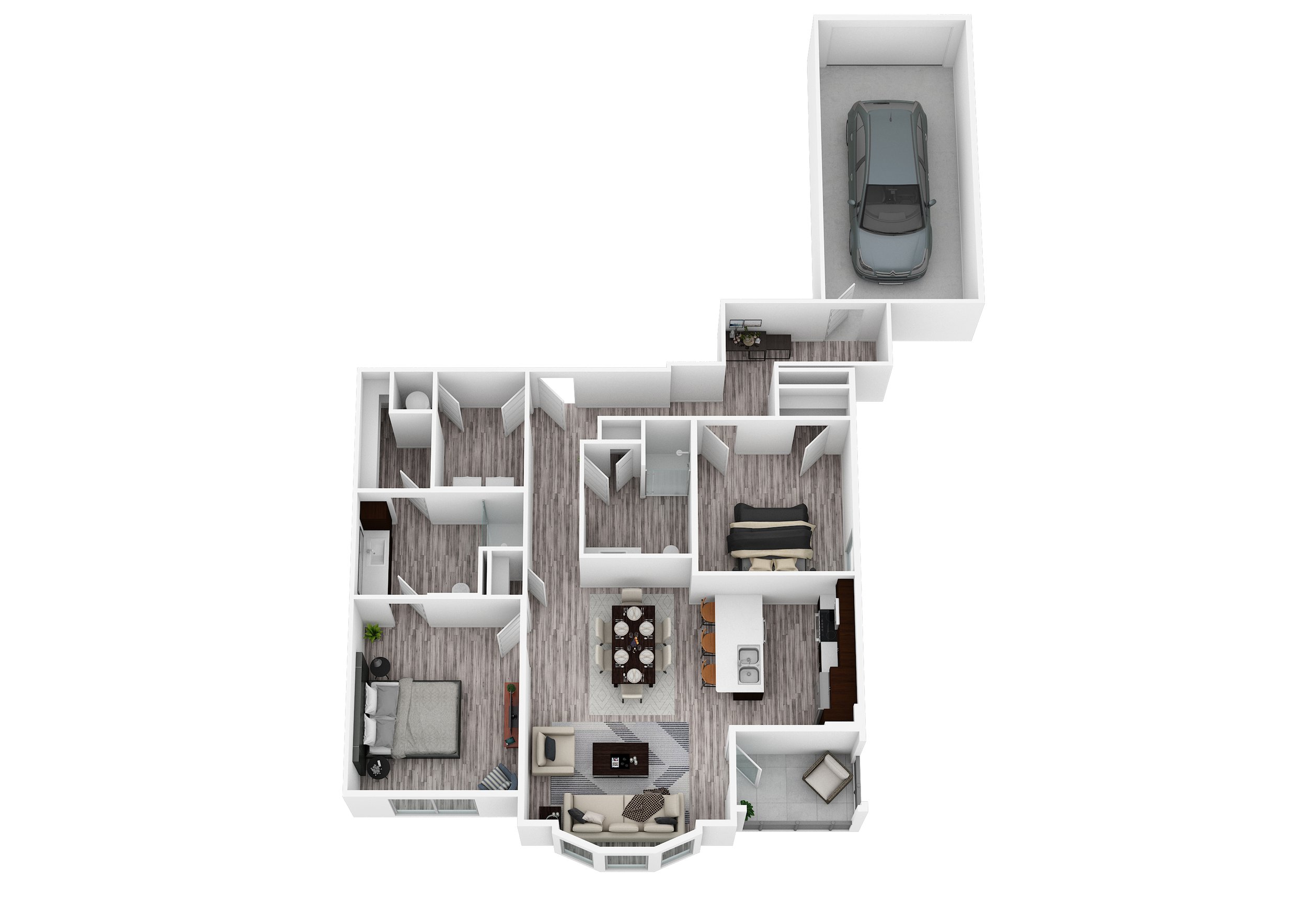 3D floor plan of a house with two bedrooms, a living room, dining area, kitchen, bathrooms, and a garage.