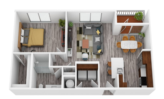 3D floor plan of a one-bedroom apartment with living room, kitchen, dining area, bathroom, and balcony.