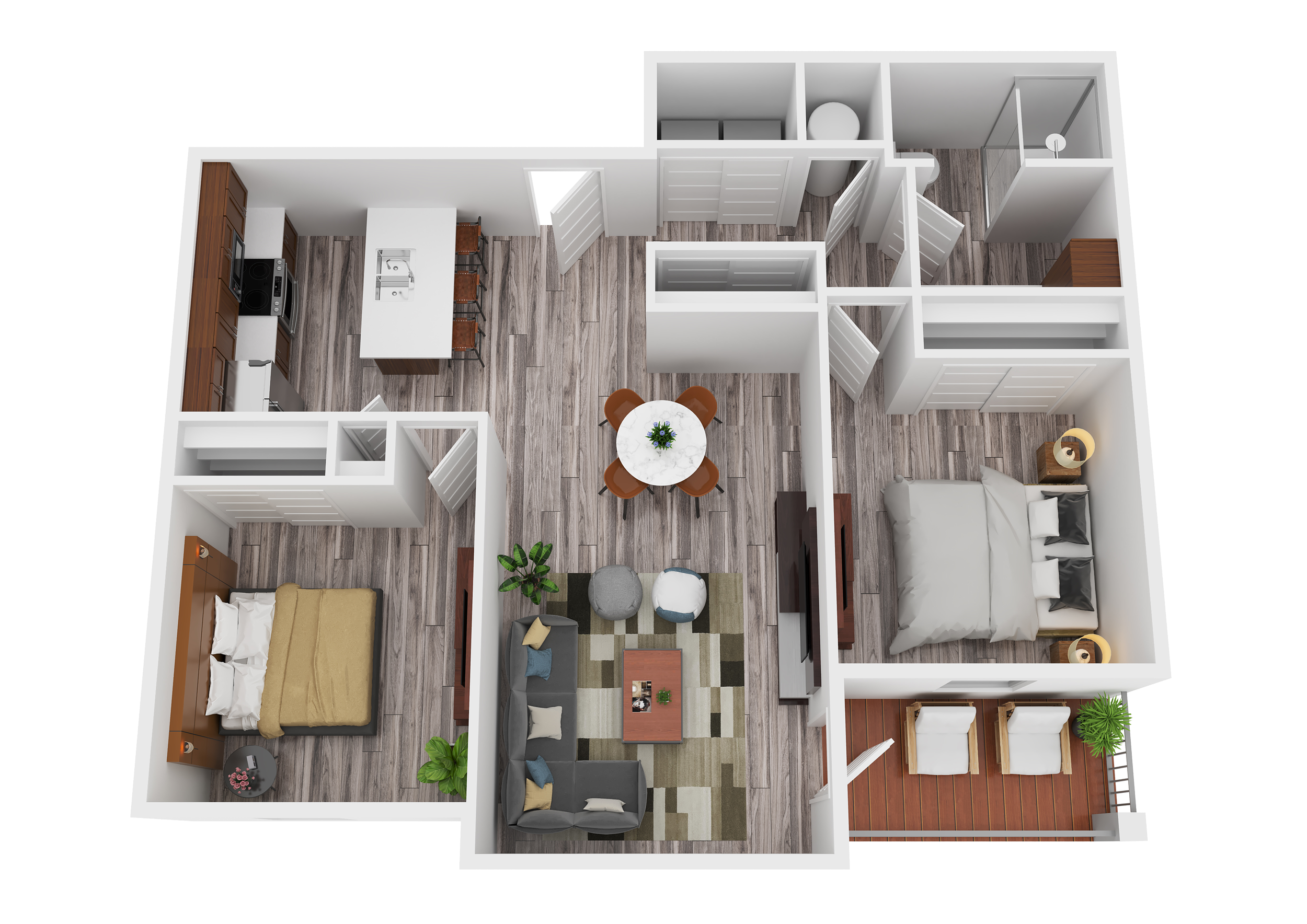 3D floor plan of a two-bedroom apartment with open living and dining area, kitchen, two bedrooms, bathroom, and balcony.