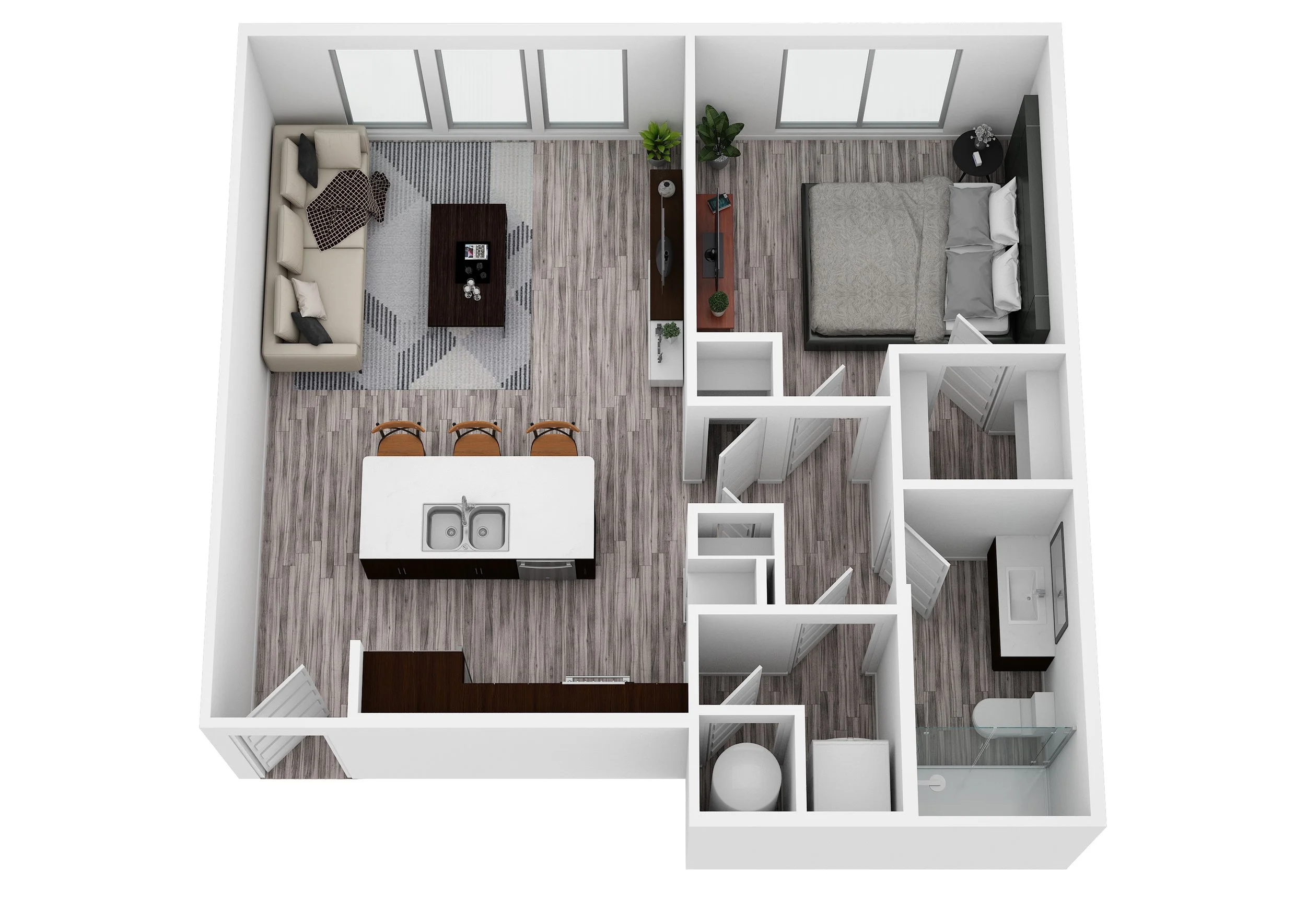 3D floor plan of a modern one-bedroom apartment with open kitchen, living area, bedroom, and bathroom.