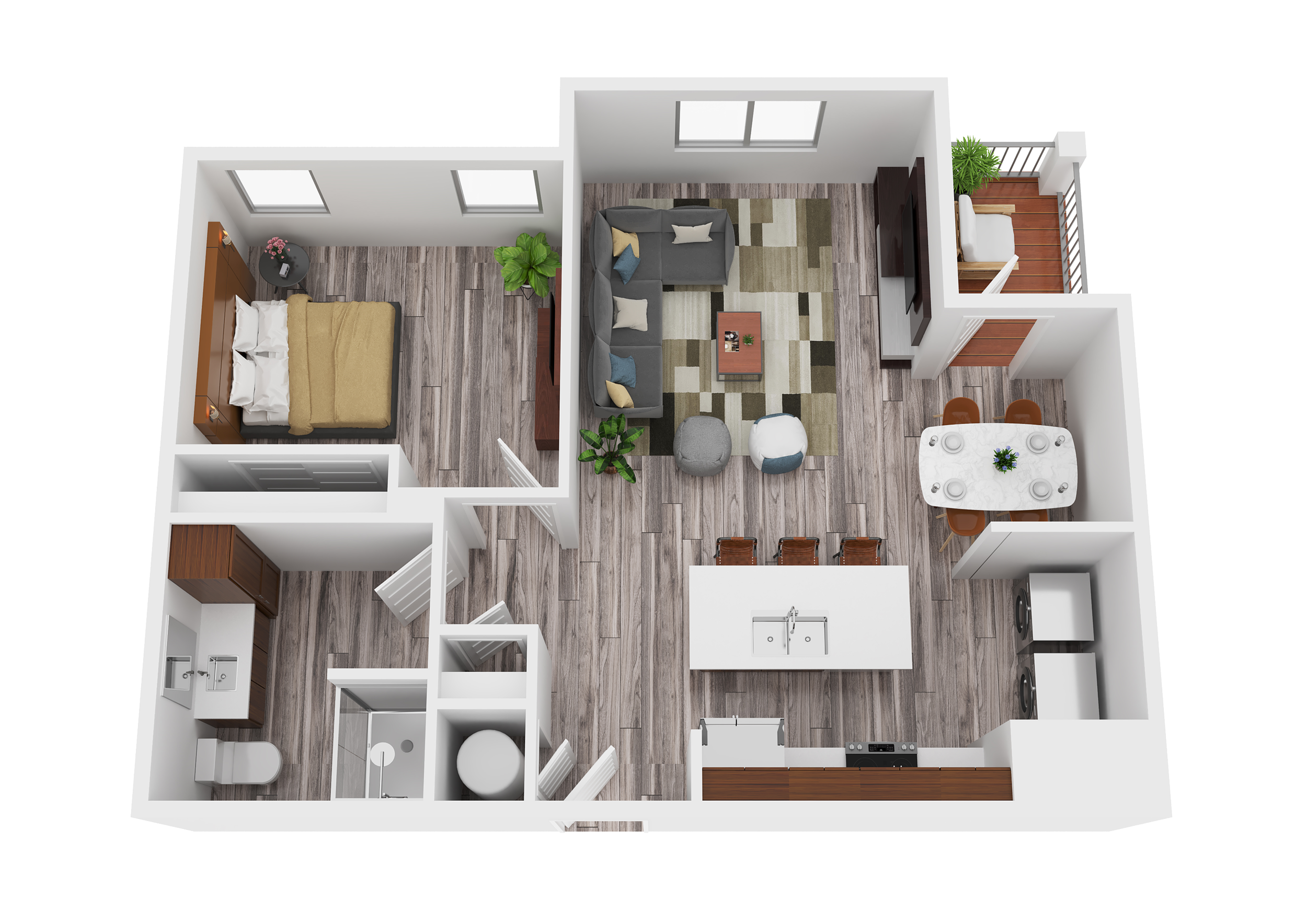 3D floor plan layout of an apartment with one bedroom, a bathroom, a kitchen with an island, a dining area, a living room, and a small balcony.
