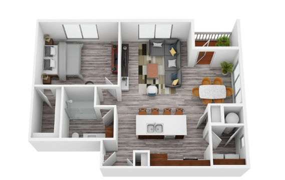 3D rendering of a modern one-bedroom apartment layout featuring a bedroom, living room with a couch and TV, kitchen with an island, dining area with a table, and a bathroom.