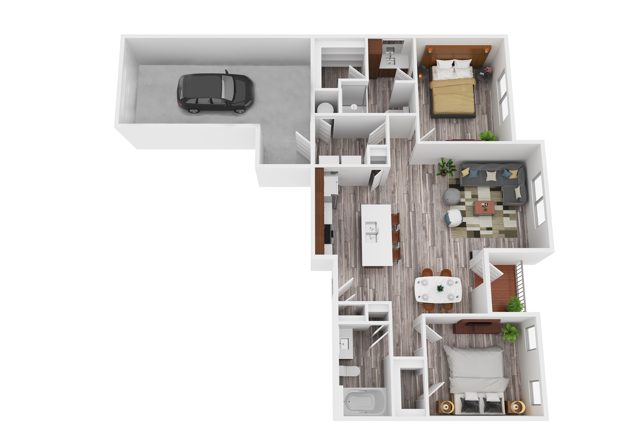3D floor plan layout with a garage, two bedrooms, kitchen, dining area, living room, and two bathrooms.