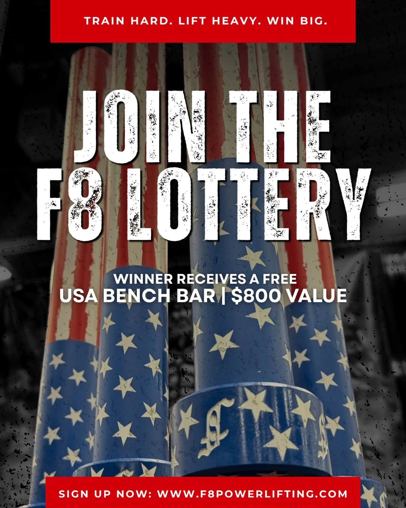 The F8 Lottery is a monthly subscription for a chance to win premium powerlifting gear each month! 

Every month one lucky person wins a major piece of powerlifting equipment!

Prizes may include:
* Bench, Squat, and Deadlift Bars
* Exclusive F8 Benc