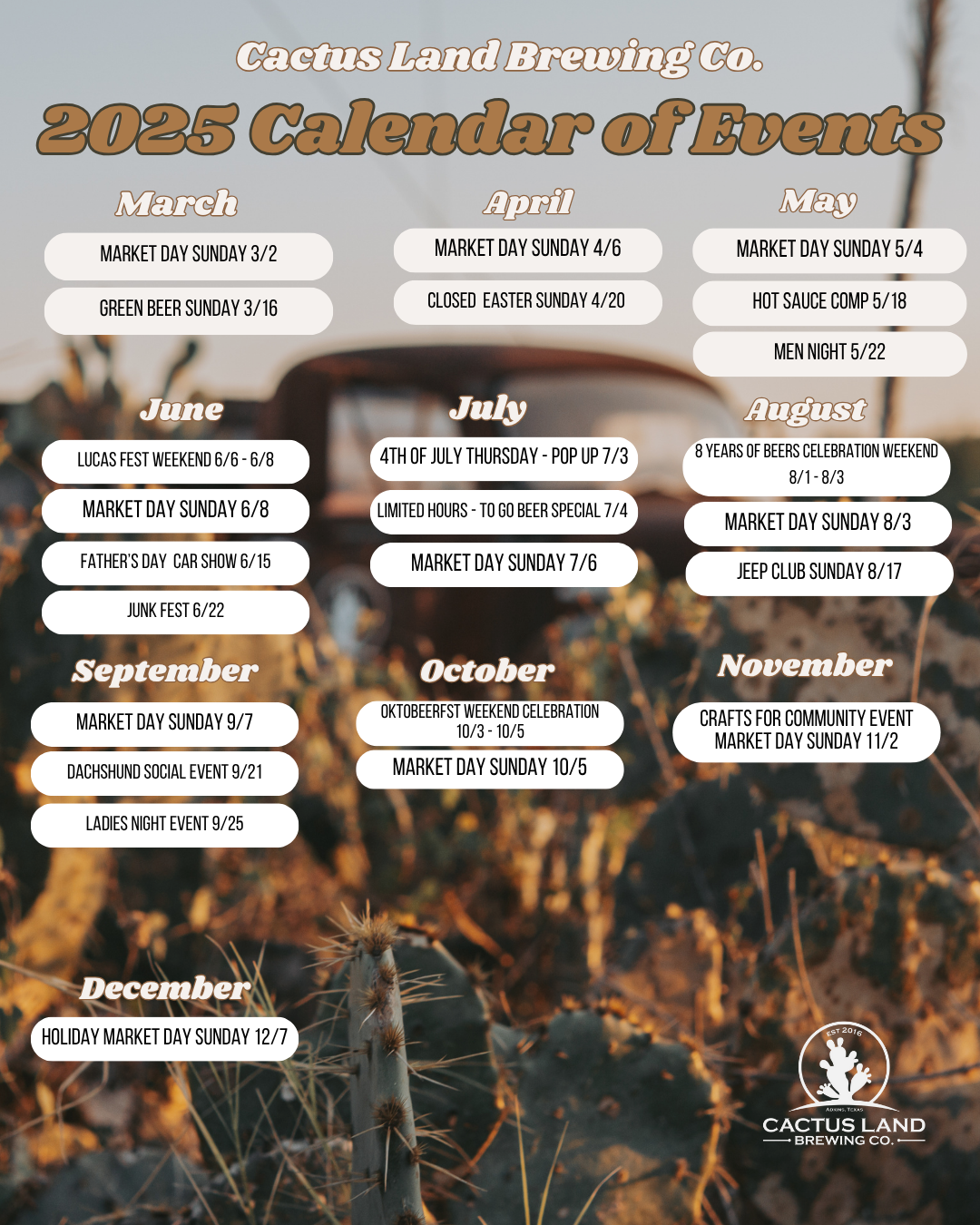 Cactus Land Brewing Co. 2025 Calendar of Events with monthly highlights including Market Days, festivals, and themed celebrations.
