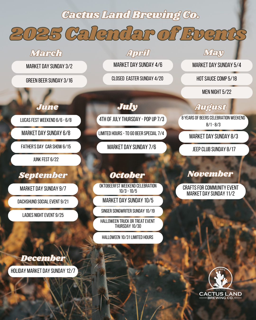 Cactus Land Brewing Co. 2025 Calendar of Events with monthly highlights including Market Days, festivals, and themed celebrations.