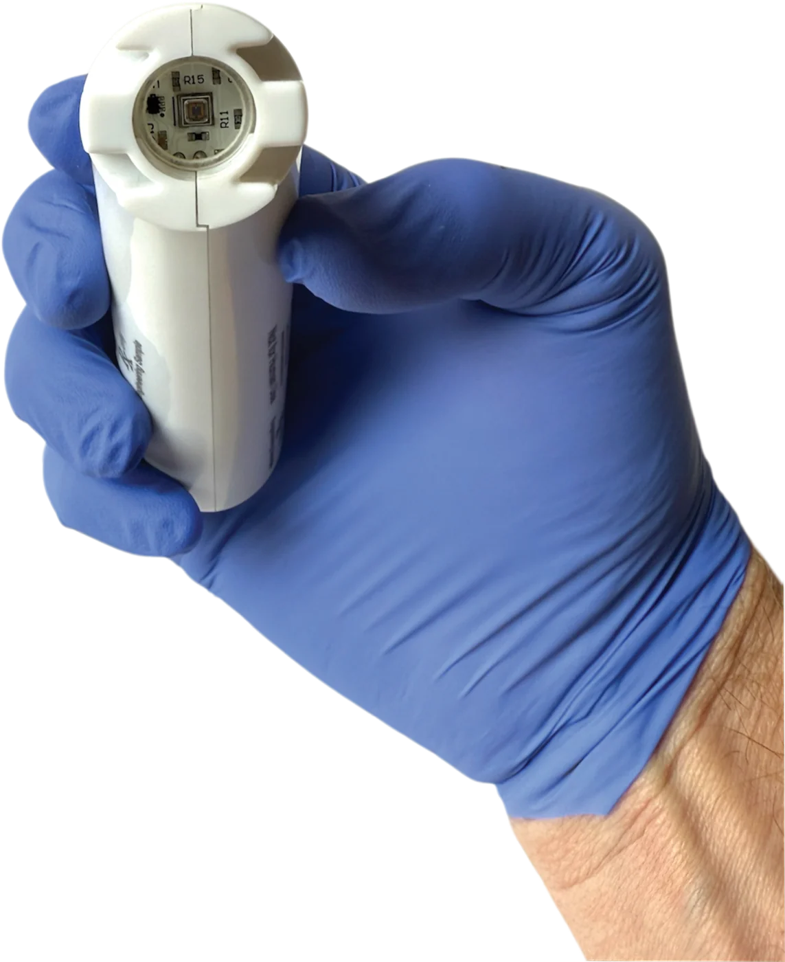 QIKcap handheld UV-C device held in a gloved hand