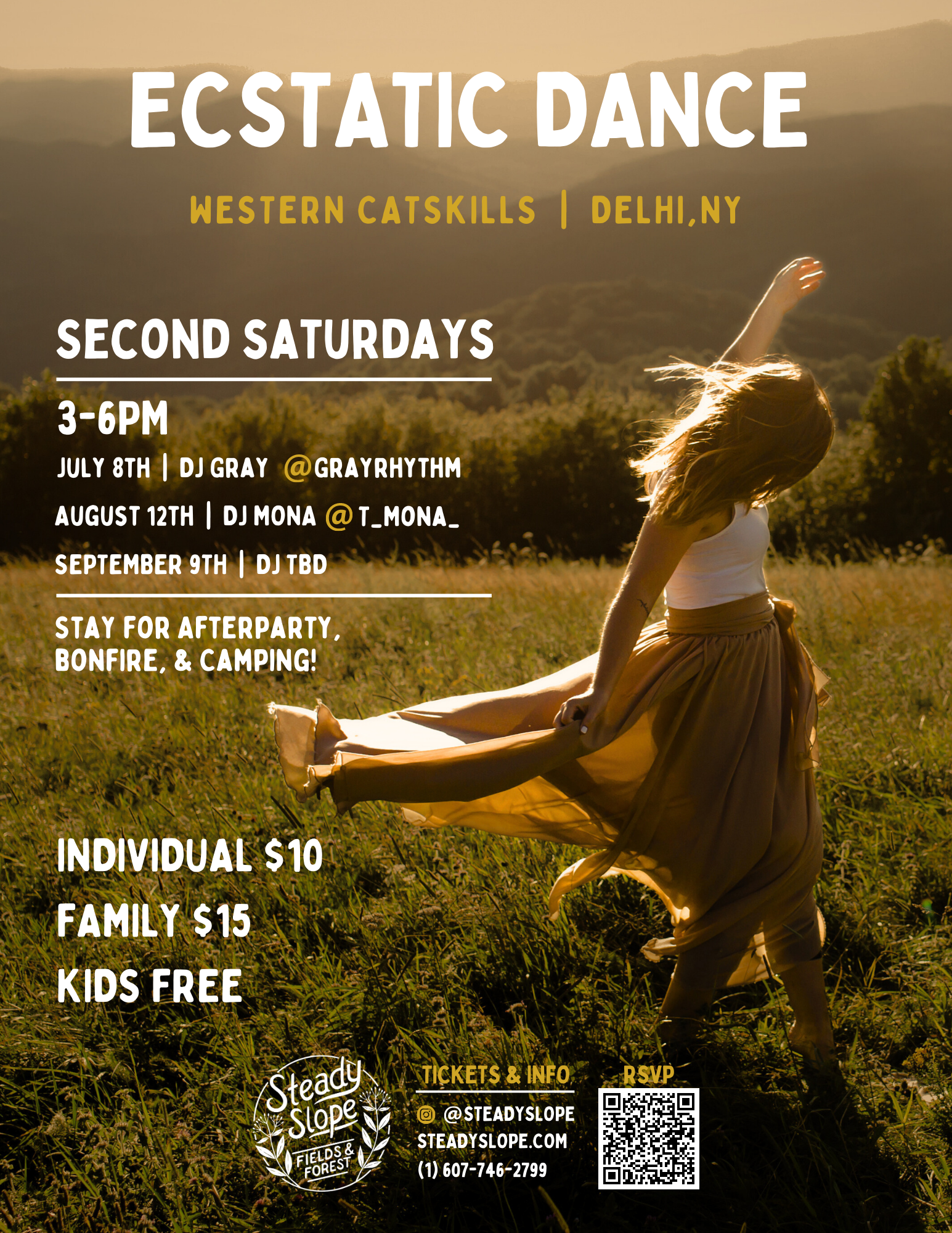 Flyer for Ecstatic Dance event at Western Catskills in Delhi, NY, on second Saturdays from 3-6 PM featuring DJ Gray, DJ Mona, and DJ TBD. Prices are $10 for individuals and $15 for families, children are free. Background shows a woman in a skirt dancing on grass in a field at sunset.