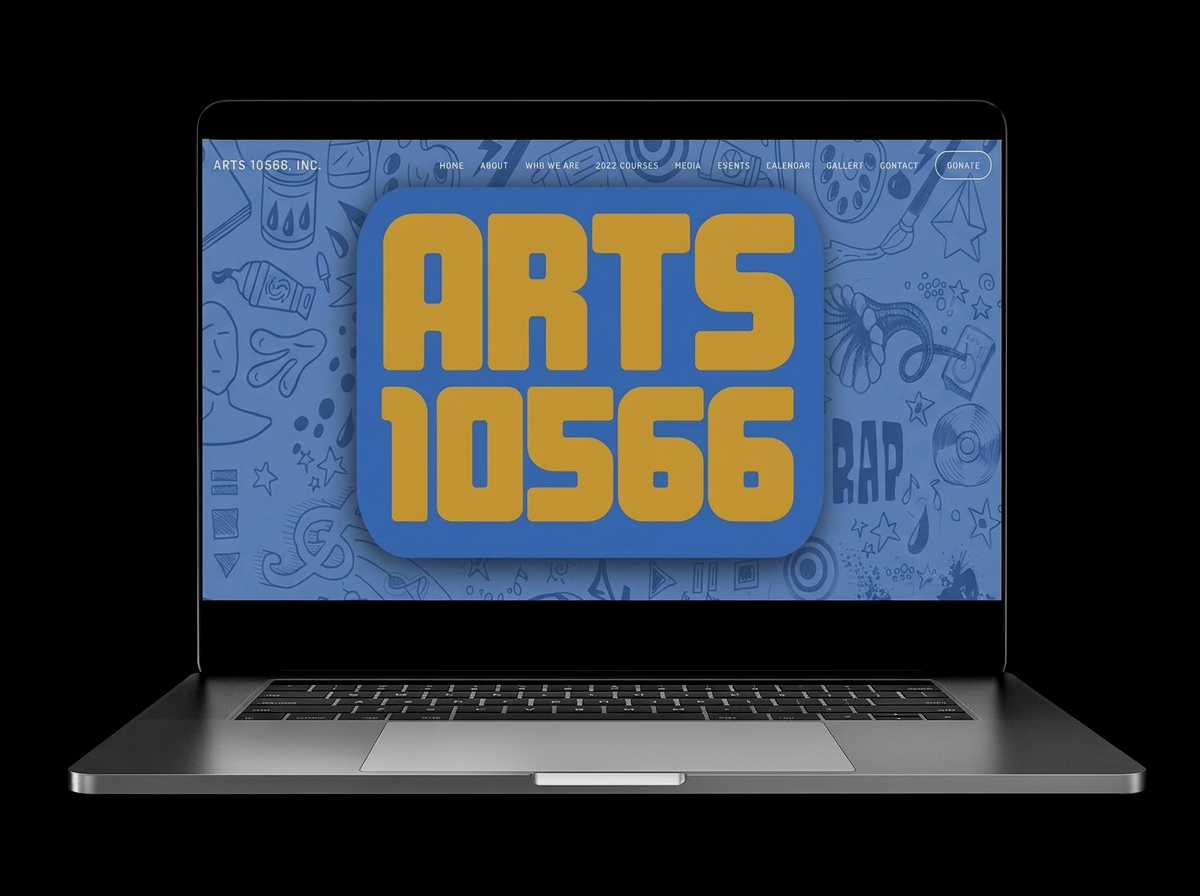 Laptop screen displaying a website for arts classes with large yellow text that reads 'ARTS 10566' on a blue background with doodle art in the background.