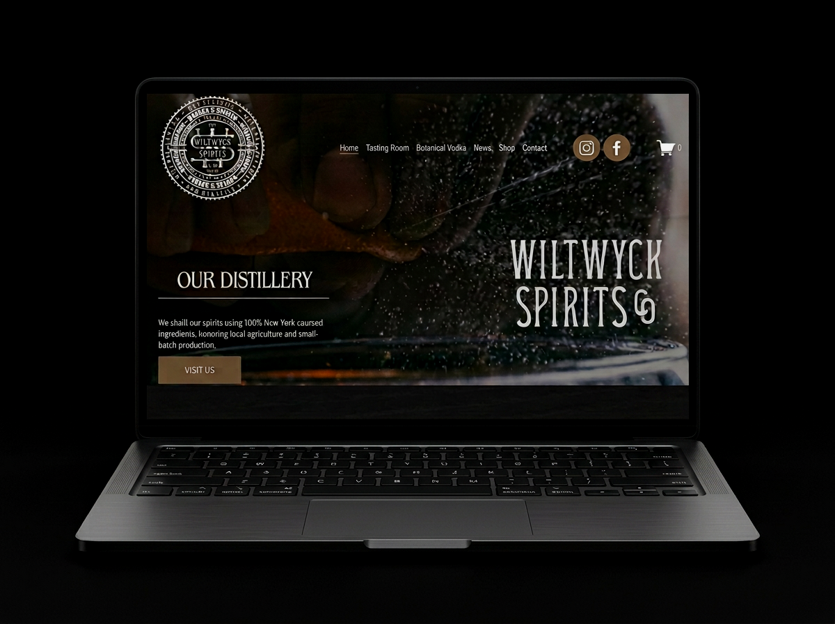 Laptop displaying a website for Wiltwyck Spirits, featuring a dark themed background, the company logo, navigation menu, social media icons, and a section about the distillery with a call-to-action button.