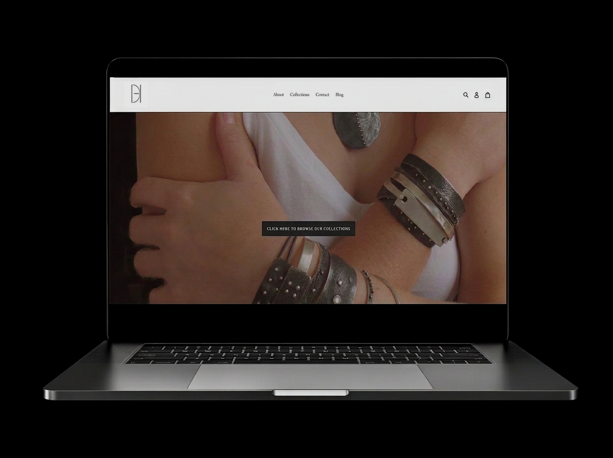 A laptop displaying a website with person wearing multiple bracelets and a large pendant necklace, with a black button labeled "Click here to browse our collections."