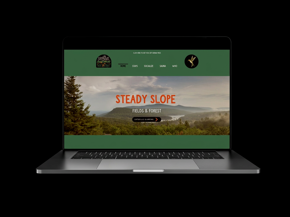 Laptop displaying a website for Steady Slope, showcasing a scenic landscape with mountains and forest, with menu options including Home, Stays, Socialize, Sauna, and Who.