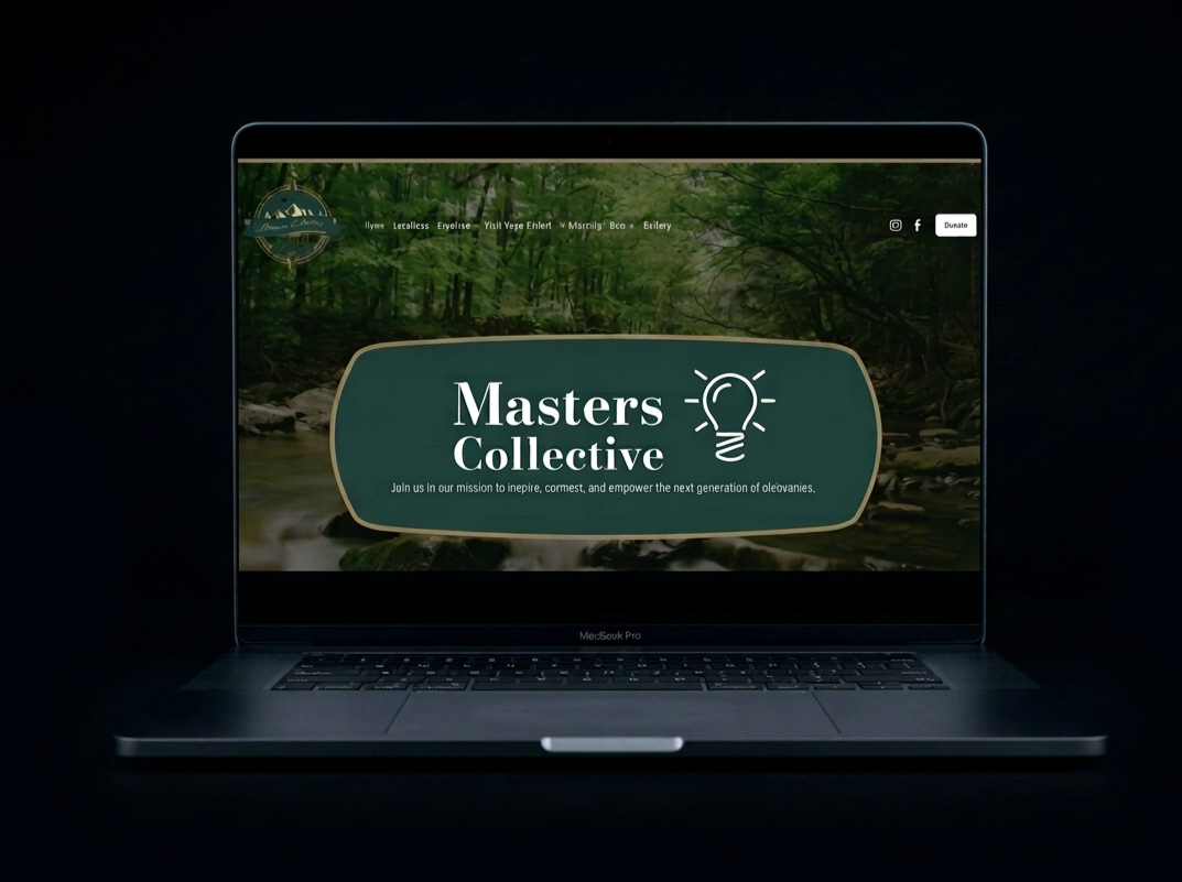 Laptop displaying a webpage for Masters Collective with a forest stream background, featuring a logo, navigation menu, and a donation button.