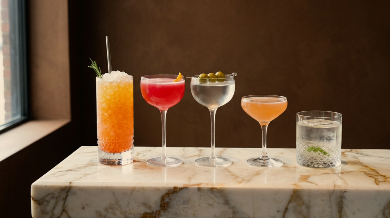 Five different cocktails on a marble counter, with a window on the left and a dark wall background.