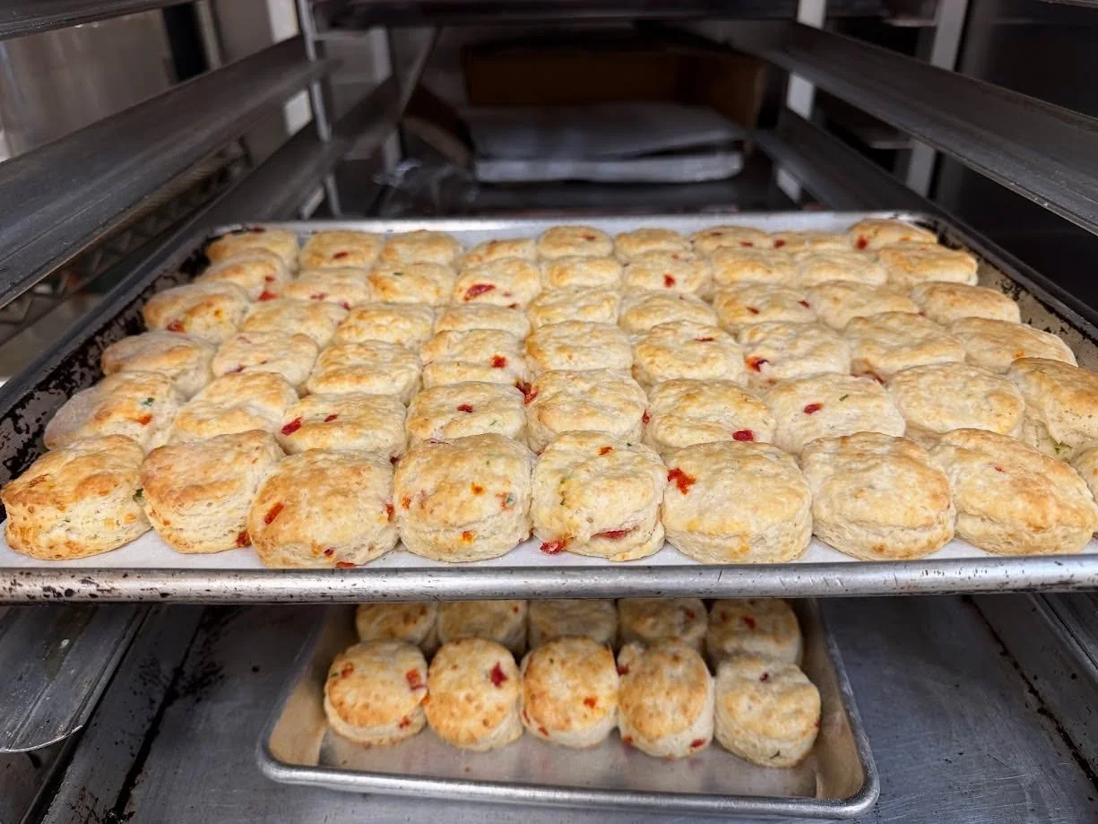 For the record, Sherry would like everyone to know that even though she hasn't regularly worked in the Farm to Fork kitchen for about a decade...

she can still throw down a batch of Farm to Fork's Signature Pimento Cheese Biscuits.

Just look at the