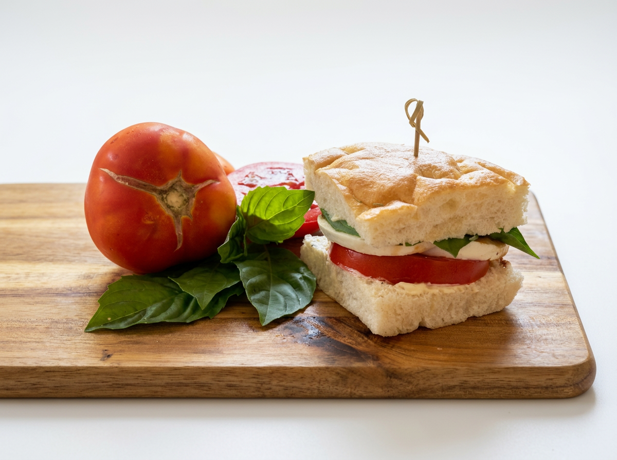 Tomato, basil leaves, and a sandwich with tomato, mozzarella, and basil on a wooden cutting board.