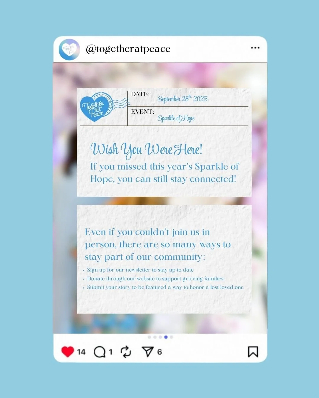 Even if you couldn’t join us at Sparkle of Hope this year, you are always part of this community. π Together at Peace continues through every gathering, every story, and every moment of connection we share.
βοΈ Sign up for our newsletter
π Do