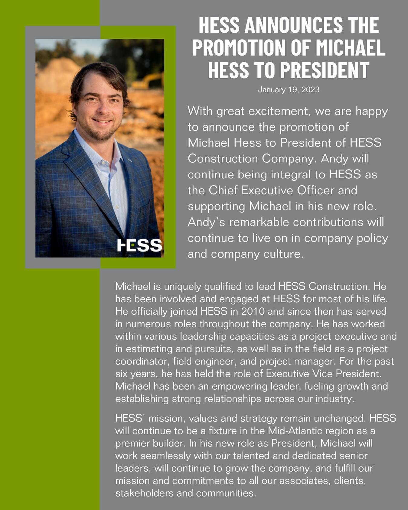 Congratulations, Michael Hess, on your promotion to President of HESS Construction! #hessbuilds