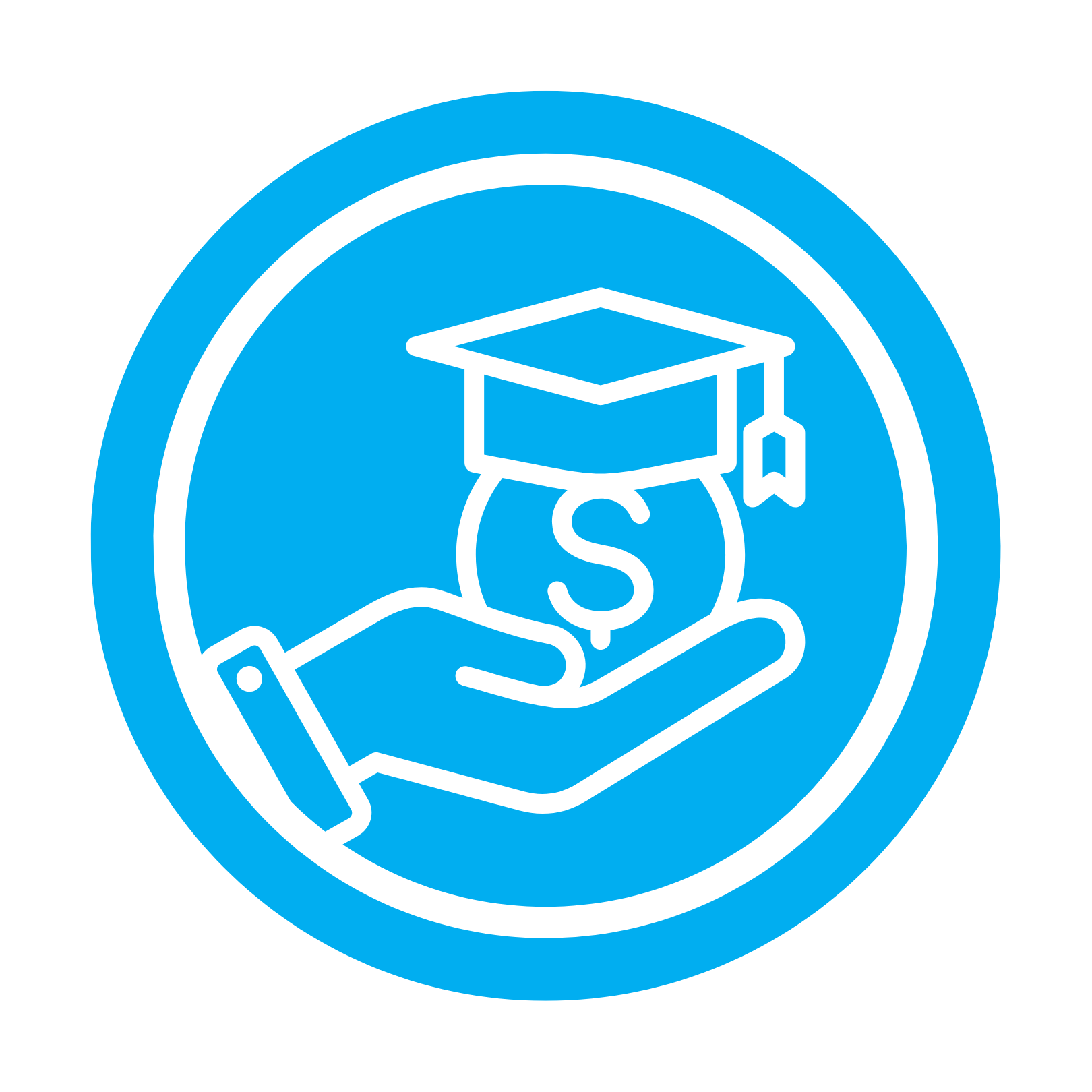 Icon depicting a hand holding a money bag with a dollar sign, topped with a graduation cap, within a blue circular background.