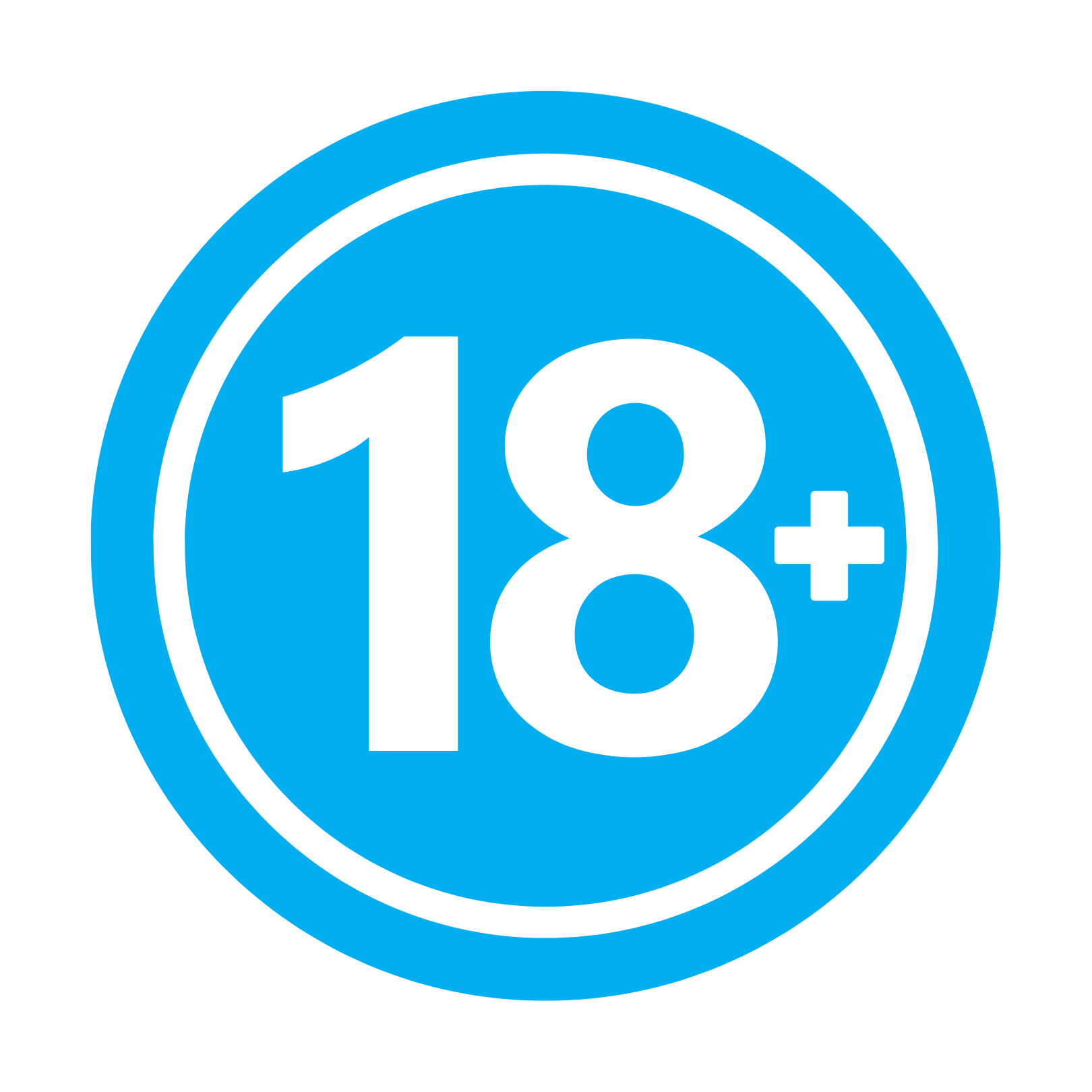 Blue circular age restriction symbol indicating 18+.