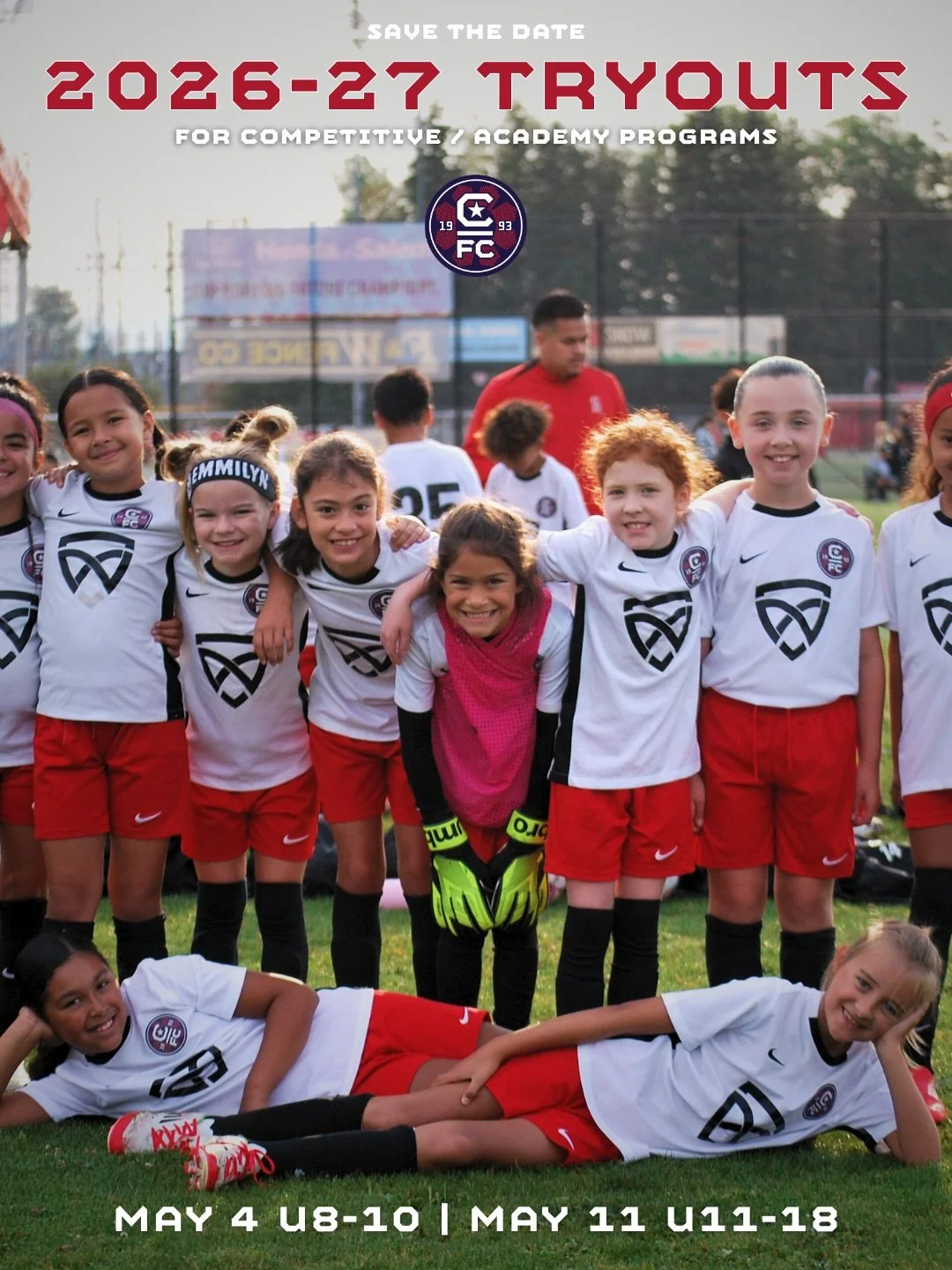 SAVE THE DATE‼️

Tryouts for our 2026-27 Competitive and Academy seasons are coming this May!

Specific tryout details will be announced in March. Until then, mark your calendar and make sure you check out the new age group formations as we prepare f