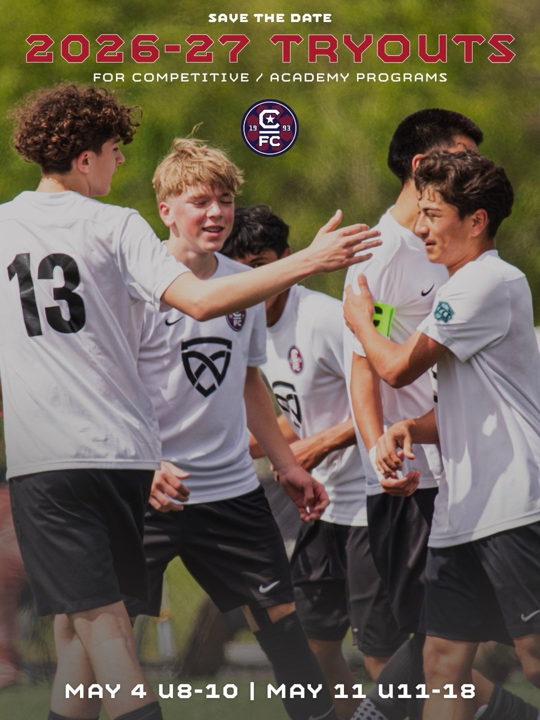 SAVE THE DATE 📅

Tryouts for our 2026-27 Competitive and Academy seasons are coming this May!

Specific tryout details will be announced later this month. Until then, mark your calendar and make sure you check out the new age group formations as we 